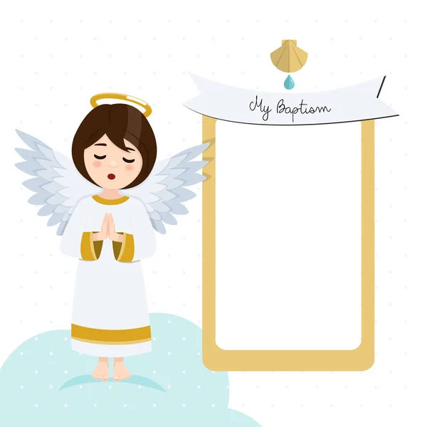 Ange Priant Invitation Baptême Avec Message Fond Blanc Illustration Vectorielle — Image vectorielle