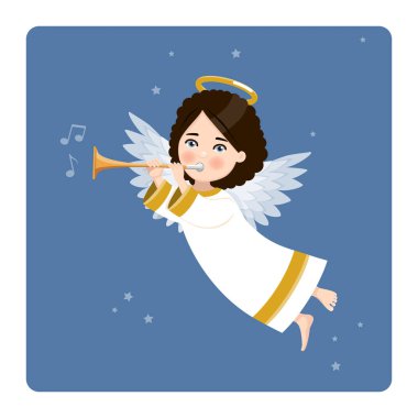 Melek mavi gökyüzünde trompet çalıyor ve yıldızlar arka planda. Vektör illüstrasyonu