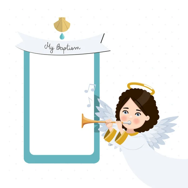 Angel Tocando Trompeta Invitación Bautismo Con Mensaje Ilustración Vectorial — Archivo Imágenes Vectoriales