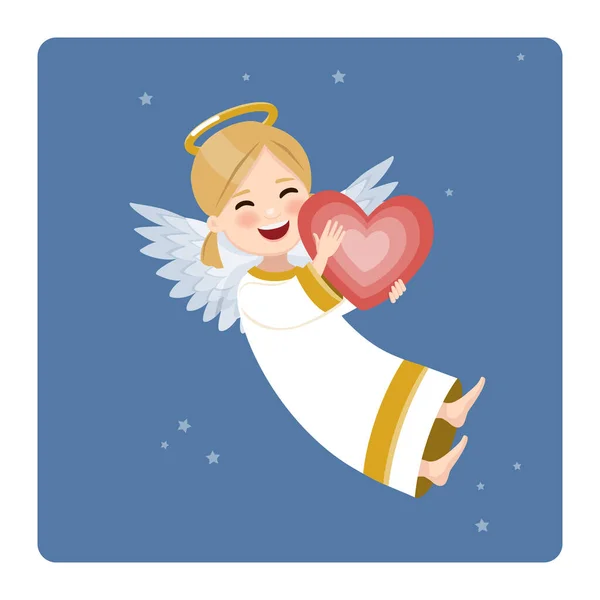 Happy Angel Red Heart Blue Sky Stars Background Vector Illustration — Stock Vector