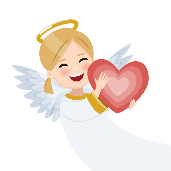 Foreground Happy Angel Red Heart White Background Isolated Vector Illustration — Stock Vector