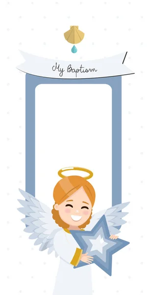 Ange Avec Une Étoile Bleue Baptême Invitation Verticale Avec Message — Image vectorielle