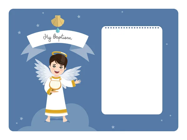 Angel Hárfán Játszik Keresztelés Horizontális Meghívó Üzenettel Vektorillusztráció — Stock Vector