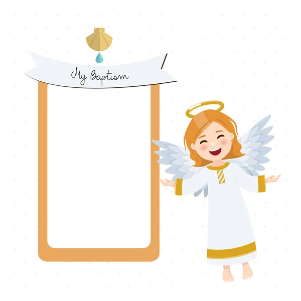 Ange Volant Invitation Baptême Avec Message Fond Blanc Illustration Vectorielle — Image vectorielle