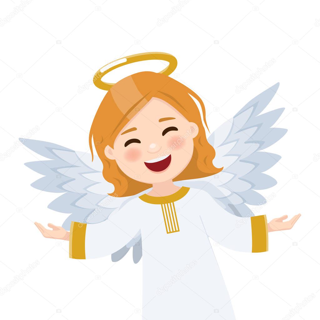 Foreground flying angel on white background. Vector illustration