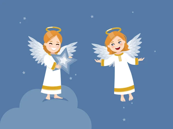Два Ангели Зіркою Літають Небі Зірками Векторні Ілюстрації — стоковий вектор