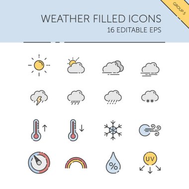 Hava ve meteoroloji. Güneş, bulutlar, sıcaklık ve basınç grubu. Ayrı renk simgesi seti. Dolu vektör illüstrasyonu