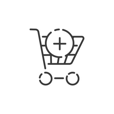 Alışveriş arabası ince çizgi ikonu. Ürün ekle. Taslak ticaret vektör illüstrasyonu