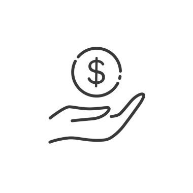 El ele tutuşan madeni para ince çizgi ikonu. Nakit para kavramı. Taslak ticaret vektör illüstrasyonu