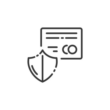 Güvenli ödeme ince çizgi ikonu. Kredi kartı ve güvenlik kalkanı. Taslak ticaret vektör illüstrasyonu