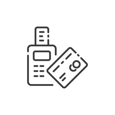 Kredi kartı okuyucu makine ince çizgi simgesi ile öde. Ölümcül ödemeyi çalıyorum. Temassız. Taslak ticaret vektör illüstrasyonu