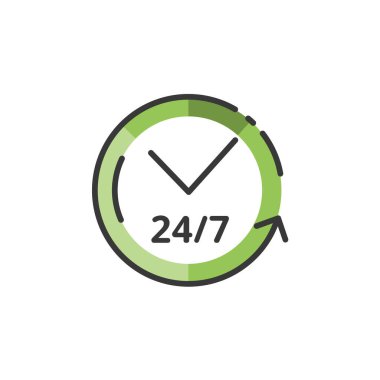 Saat. 24 7 Yardım Servisi. Doldurulmuş renk simgesi. Ticari vektör illüstrasyonu