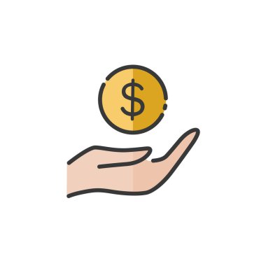 El ele tutuşan dolar. Nakit para kavramı. Doldurulmuş renk simgesi. Ticari vektör illüstrasyonu