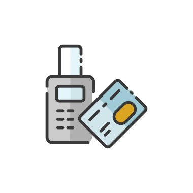 Kredi kartı okuyucu makinesiyle öde. Ölümcül ödemeyi çalıyorum. Temassız. Doldurulmuş renk simgesi. Ticari vektör illüstrasyonu