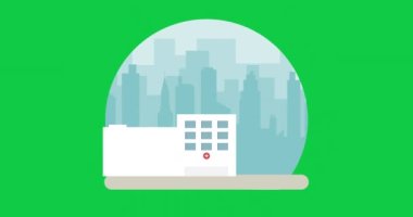 Krom anahtar yeşil ekranda şehir arkaplanı olan hastane binası video animasyonu