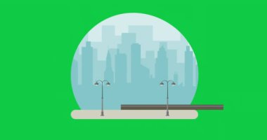 Krom anahtar yeşil ekranda şehir arkaplanı olan banka binası video animasyonu