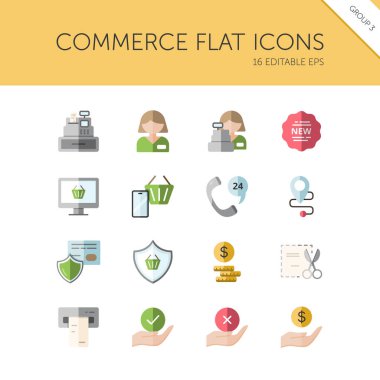 - Ticaret. İnsanlar, kasiyer, telefon, güvenlik, bilet, para ve el grubu. Renk simgesi seti. Düz vektör illüstrasyonu