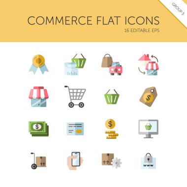 - Ticaret. Mağaza, etiket, güvenlik, indirim ve kredi kartı grubu. Renk simgesi seti. Düz vektör illüstrasyonu