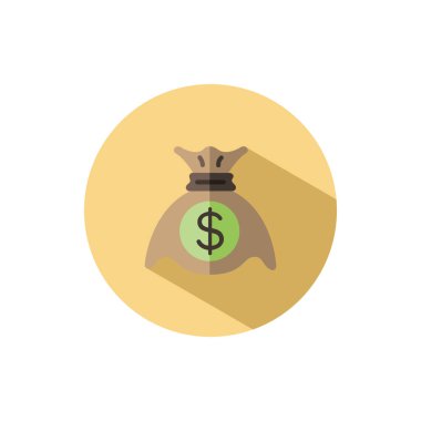 Para çantası. Dolar sembollü çuval. Daire şeklinde düz bir simge. Ticari vektör illüstrasyonu