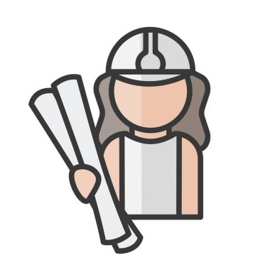 Kadın mimar avatarı. Tasarım ve planlama servisi karakteri. Profil kullanıcısı, kişi. İnsanların simgesi. Vektör illüstrasyonu