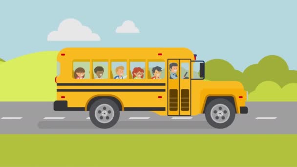 Yellow School Bus Smiling Pupils Driver Road Mountains Landscape Background — Stock Video