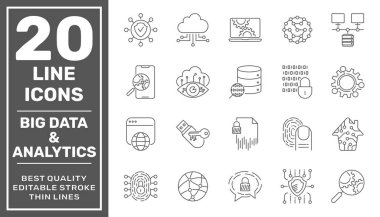 Veri işleme çizgisi vektör simgesi ayarlandı. Big Data, Data Analytics, Data Collection, Cloud Computing, Machine Learning, Security System gibi ikonlar içerir. Düzenlenebilir Vuruş