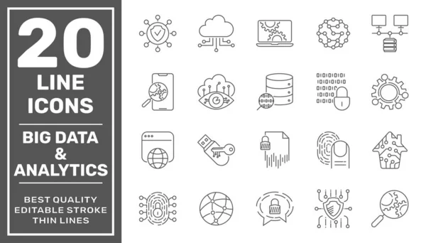 Veri işleme çizgisi vektör simgesi ayarlandı. Big Data, Data Analytics, Data Collection, Cloud Computing, Machine Learning, Security System gibi ikonlar içerir. Düzenlenebilir Vuruş