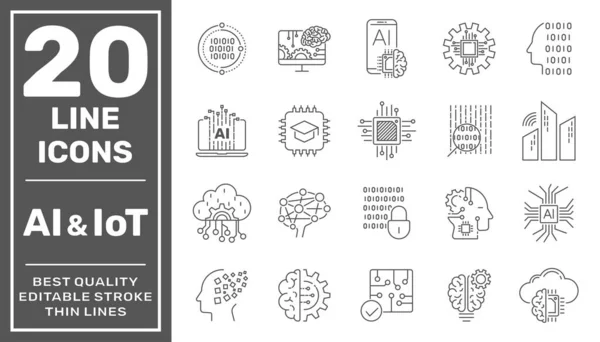 Mesterséges intelligencia és Internet of Things AI, IoT sor vonal vektor ikonok. Szerkesztendő Stroke — Stock Vector