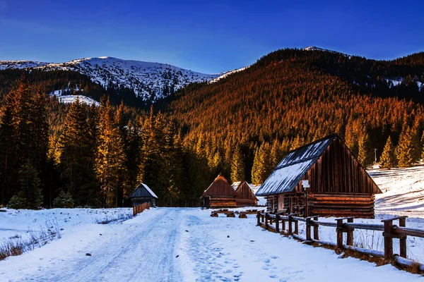 Besneeuwde berglandschap met houten huis onderdak — Stockfoto