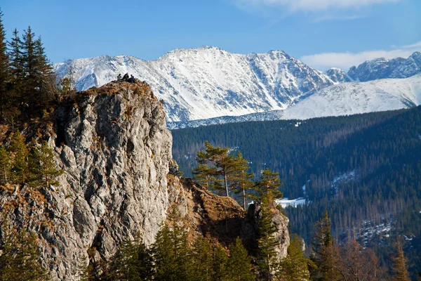 Karlı dağ manzarası ile rock — Stok fotoğraf