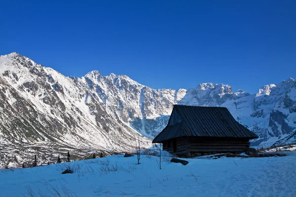 Montagna paesaggio innevato con casa in legno — Foto Stock