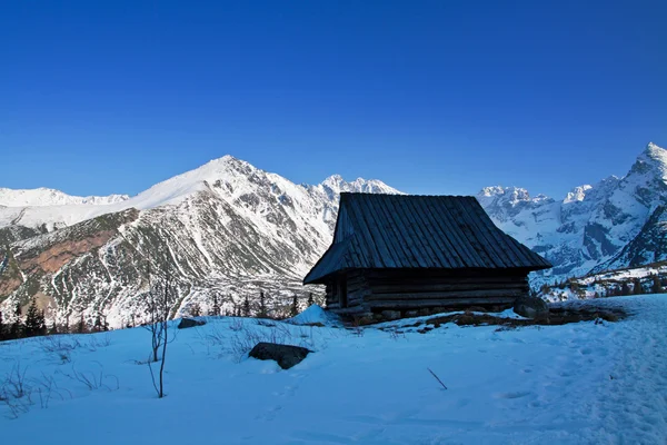 Montagna paesaggio innevato con casa in legno — Foto Stock