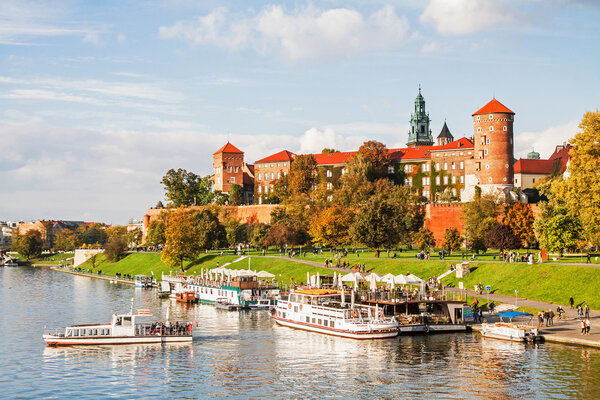 Wawel hill with historical royal castle building in Krakow