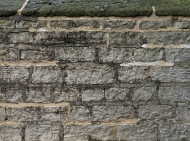 İnce mineral siyah lekeli eski bir dış taş duvar..