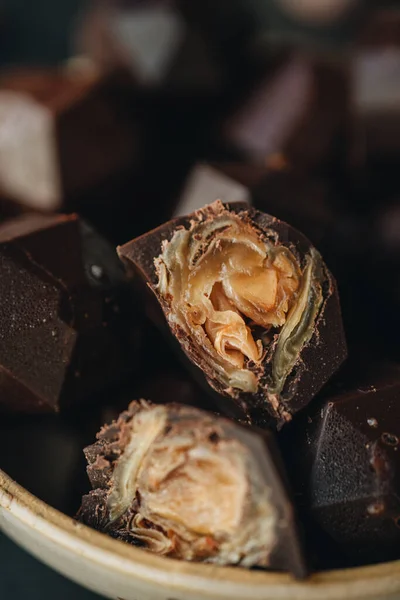 Group Chocolate Candies Dry Lychee Close — Stock Photo, Image