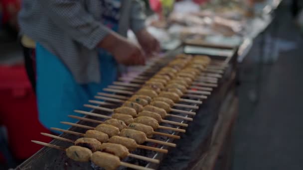 Porco grelhado Satay com carvão vegetal — Vídeo de Stock