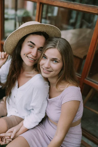 Two Happy Lesbians Have Date Outdoor Cafe — Stock Photo, Image