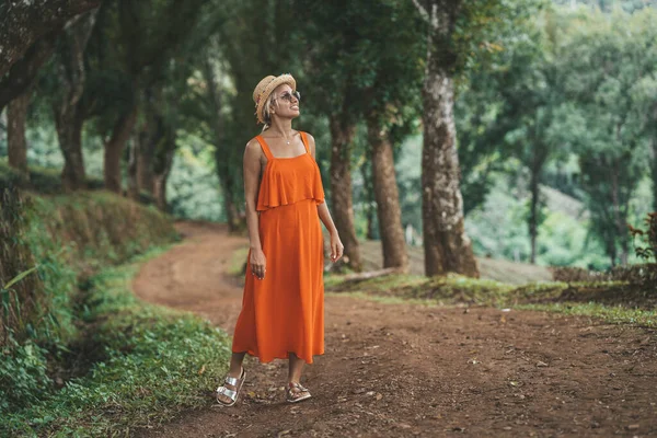 Kobieta Pomarańczowej Sukience Idzie Aleją Drzew Plantacji Herbaty Górach Doi — Zdjęcie stockowe