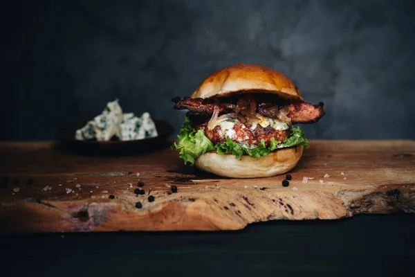 Beef Burger Sauerkraut Pickles Mustard Wooden Board Dark Background — Photo