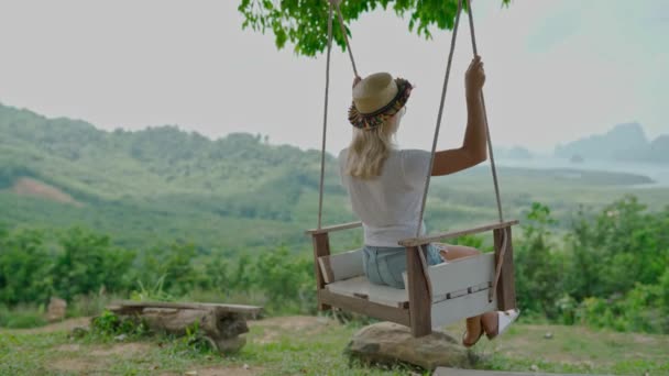 Woman Sitting Swing Enjoying Amazing View Rocks Phangnga District Thailand Video Clip