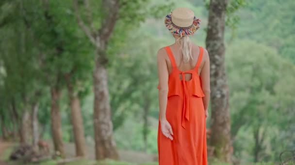オレンジ色のドレスの女性は タイのチェンライ 土井前サロン 山の茶園の木の路地を歩いています 手持ち撮影 — ストック動画