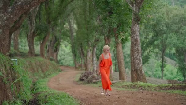 Vrouw Oranje Jurk Loopt Langs Alley Trees Tea Plantage Berg — Stockvideo