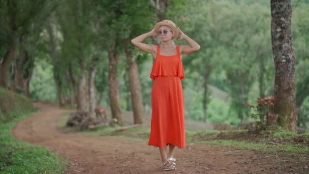 Woman Orange Dress Walking Alley Trees Tea Plantation Mountain Doi Video Clip