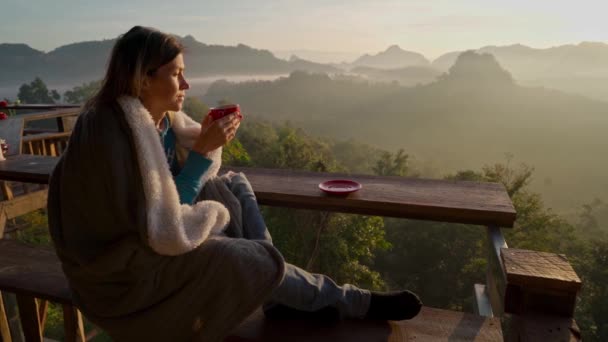 Donna Che Beve Caffè Caffetteria Punto Vista Nel Nord Della — Video Stock