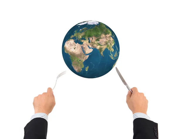 World globe ball with fork and knife isolated, Elements of this — Stock Photo, Image