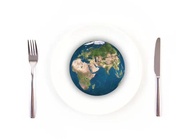 World globe ball with fork and knife, Elements of this image fur — Stock Photo, Image