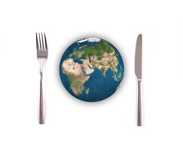 World globe ball with fork and knife, Elements of this image fur — Stock Photo, Image