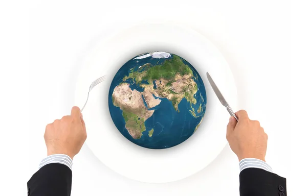 World globe ball with fork and knife, Elements of this image fur — Stock Photo, Image