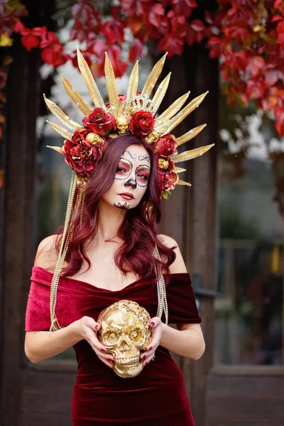 Nahaufnahme Porträt Von Calavera Catrina Roten Kleid Zuckerschädel Make Dia — Stockfoto