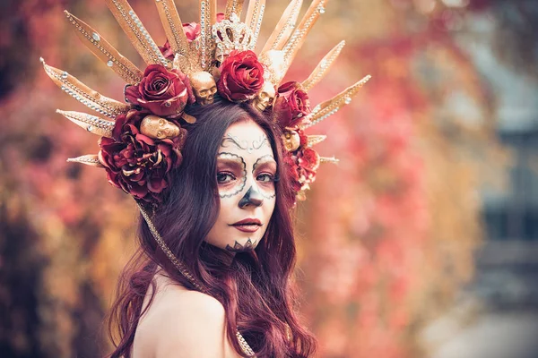 Nahaufnahme Porträt Von Calavera Catrina Roten Kleid Zuckerschädel Make Dia — Stockfoto